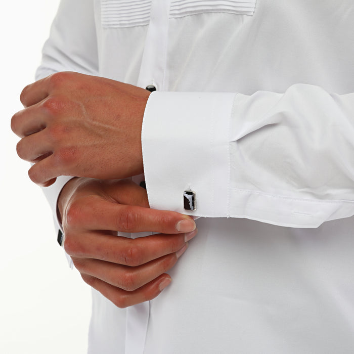 Men's ICONIC HORIZONTAL PLEATED - White Tuxedo Shirt With Studs