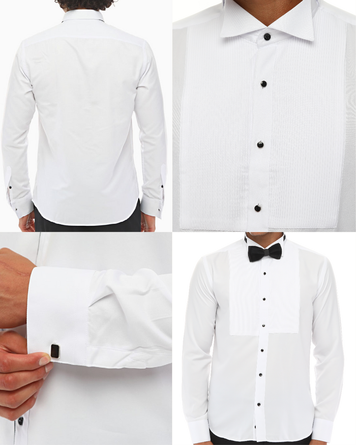 ICONIC VERTICAL PLEATED - White Tuxedo Shirt With Studs