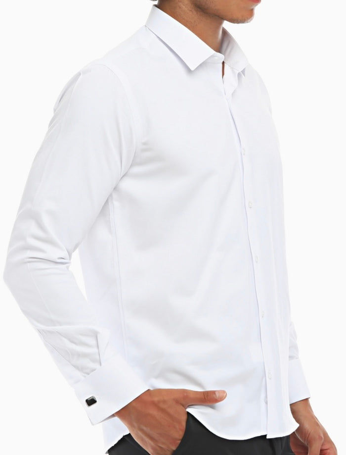 White Double Cuff Shirt With Studs