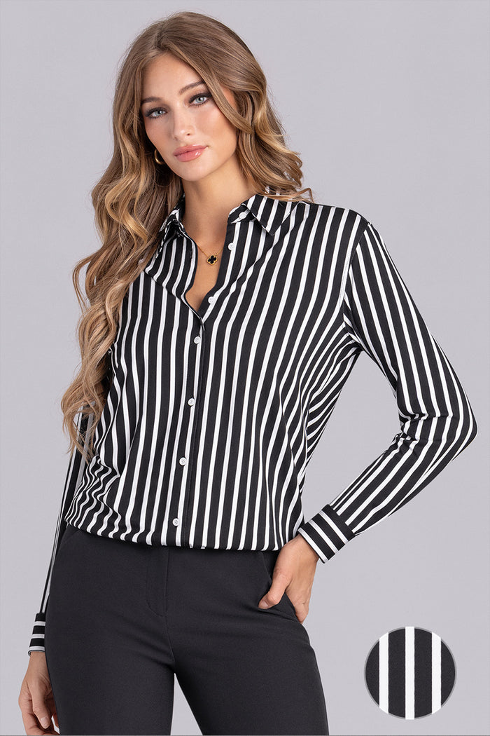 Model wearing Idol Black White Icy Bamboo® long sleeve classic collar shirt, styled with black pants.