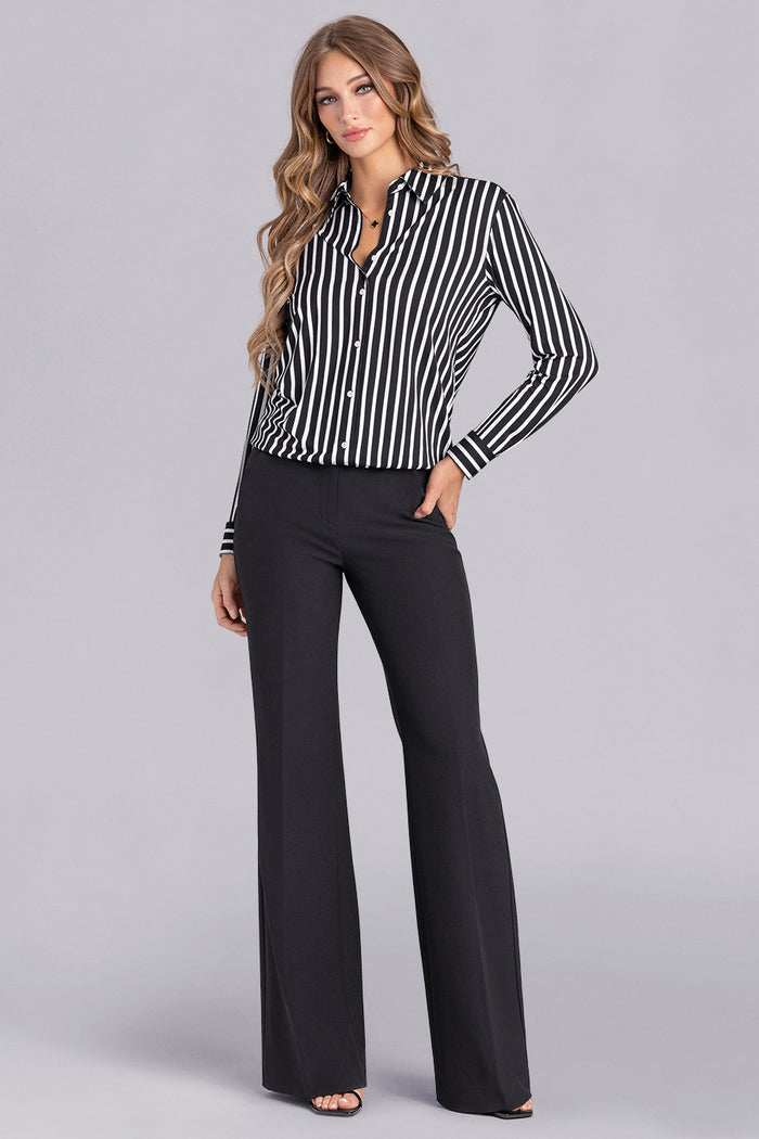 Model wearing Idol Black White Icy Bamboo® long sleeve classic collar shirt, styled with black pants.