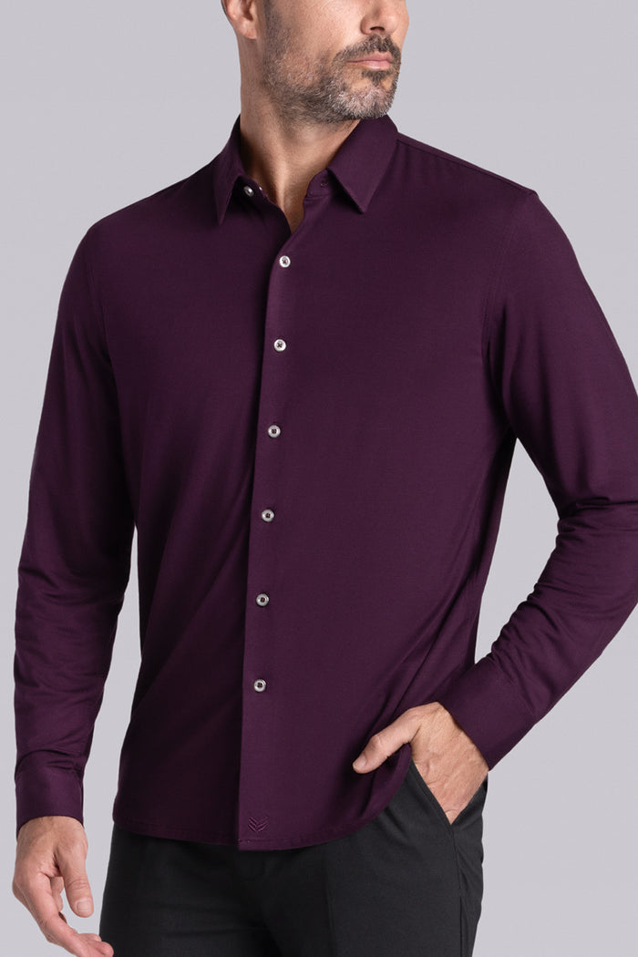 Model wearing Illustrious Plum Icy Bamboo® long sleeve dress shirt styled with black pants
