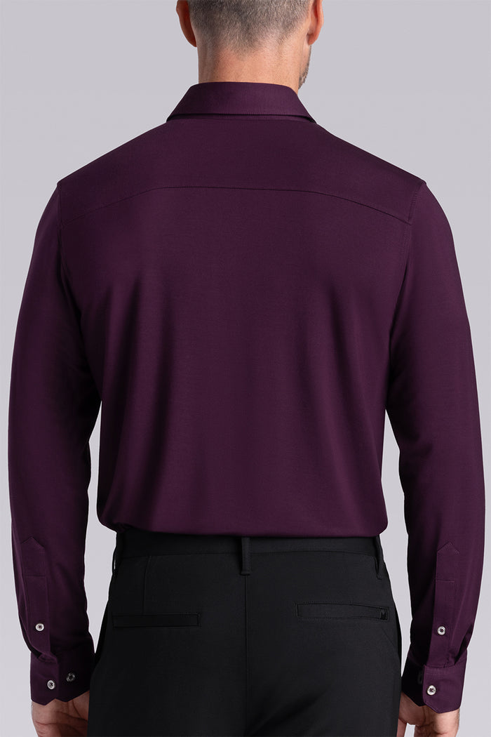 Model wearing Illustrious Plum Icy Bamboo® long sleeve dress shirt styled with black pants
