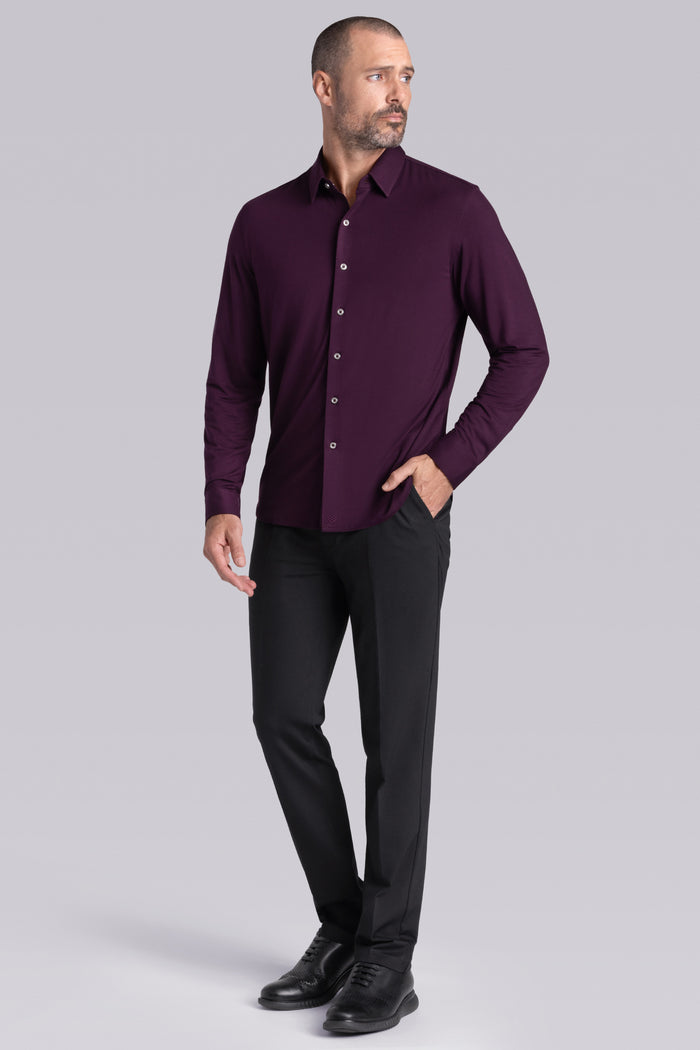 Model wearing Illustrious Plum Icy Bamboo® long sleeve dress shirt styled with black pants