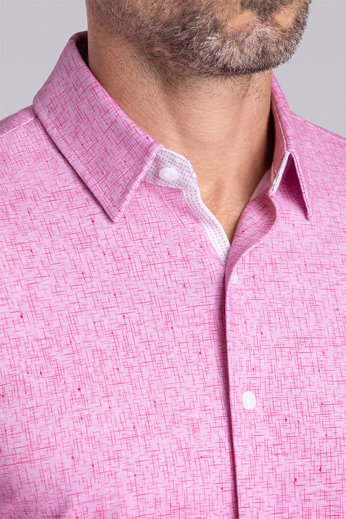 Model wear Integrity Fuchsia Red Icy Cotton® long sleeve classic collar shirt, styled with black pants.