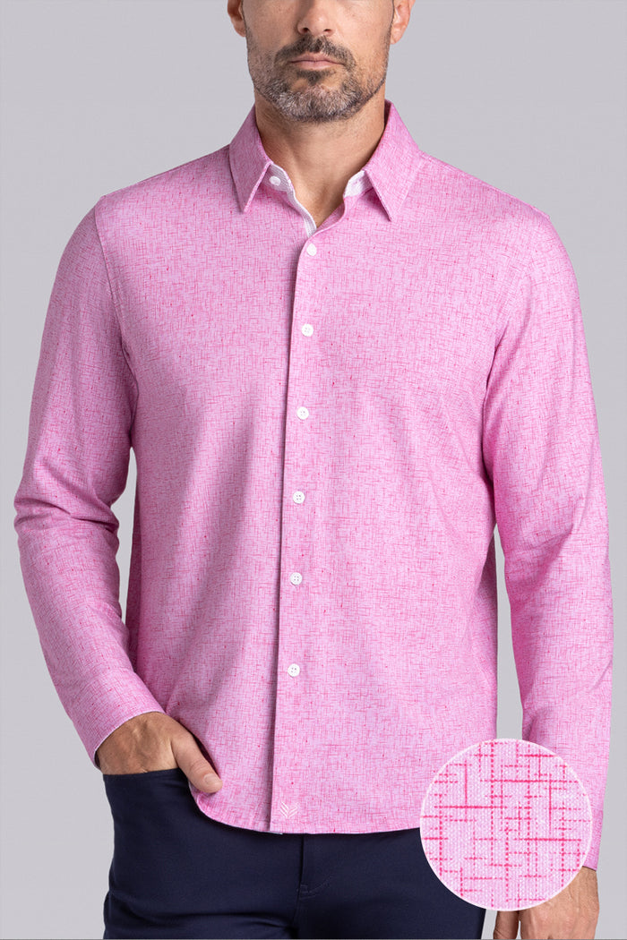 Model wear Integrity Fuchsia Red Icy Cotton® long sleeve classic collar shirt, styled with black pants.