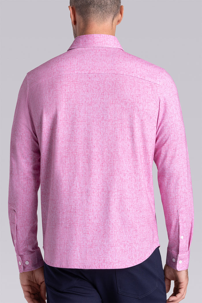 Model wear Integrity Fuchsia Red Icy Cotton® long sleeve classic collar shirt, styled with black pants.