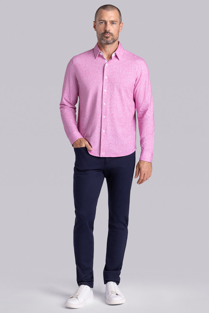 Model wear Integrity Fuchsia Red Icy Cotton® long sleeve classic collar shirt, styled with black pants.