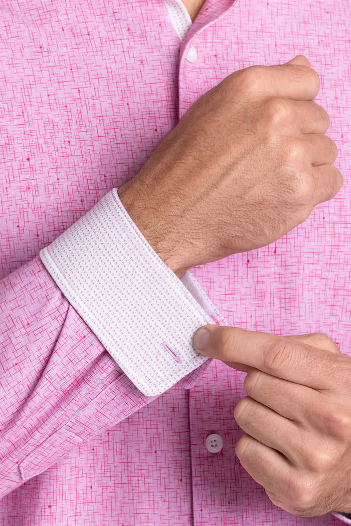Model wear Integrity Fuchsia Red Icy Cotton® long sleeve classic collar shirt, styled with black pants.
