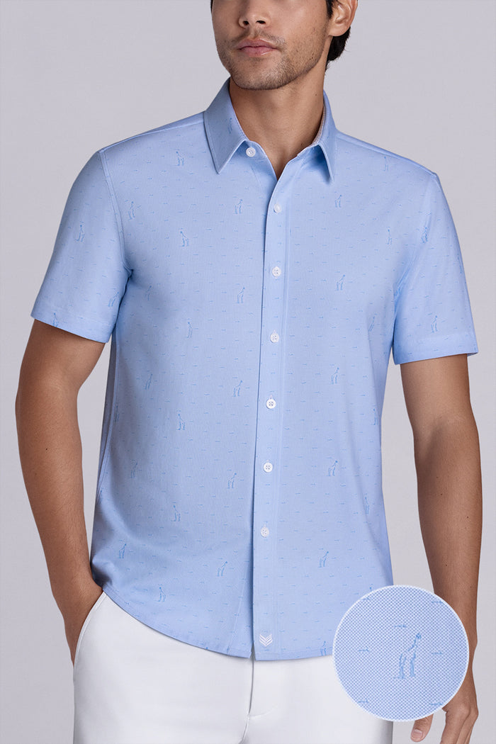 Model wear Intrepid Light Blue short sleeve print shirt, styled with white shorts.