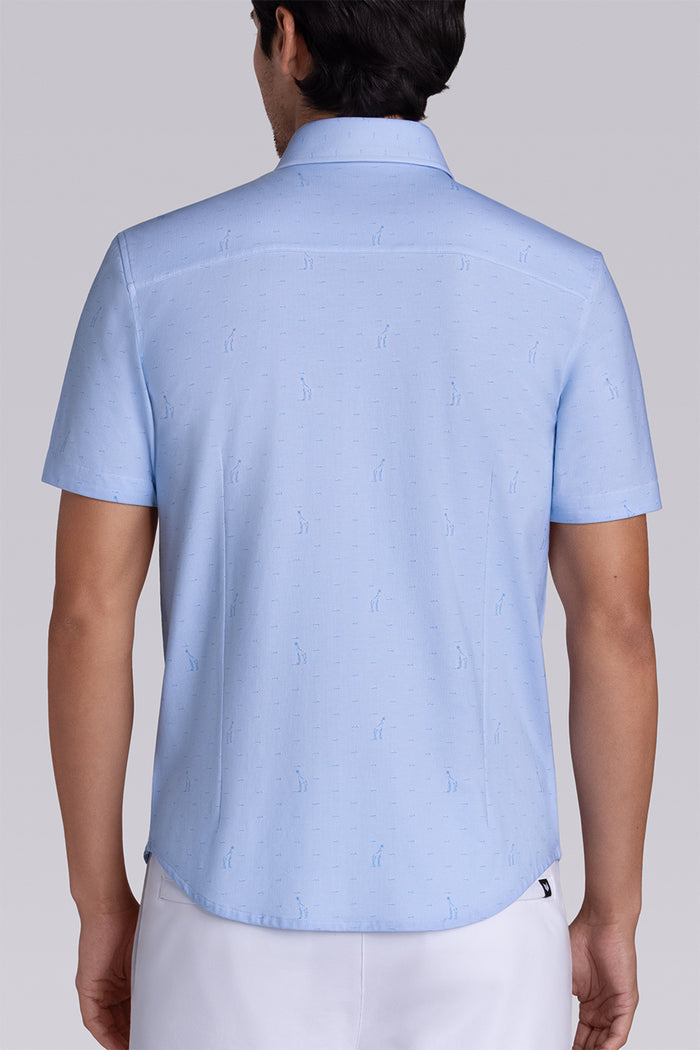 Model wear Intrepid Light Blue short sleeve print shirt, styled with white shorts.