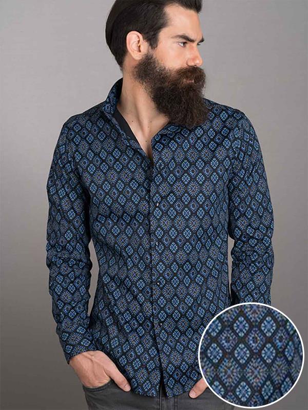 Istanbul Black Printed Full Sleeve Single Cuff Slim Fit Party Wear Blended Shirt