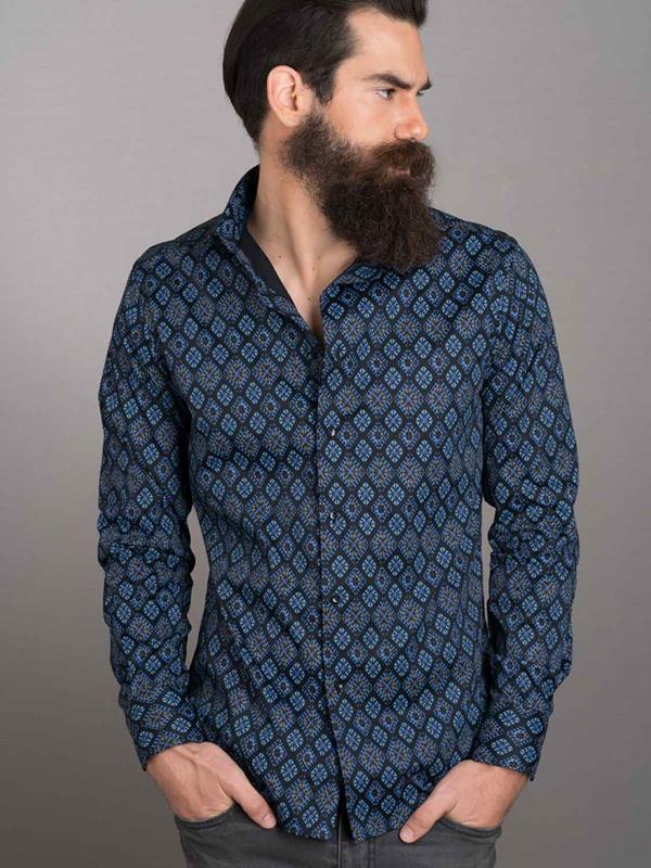 Istanbul Blue Printed Full Sleeve Single Cuff Slim Fit Party Wear Blended Shirt
