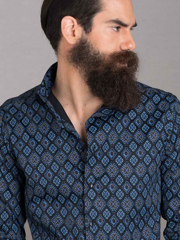Istanbul Blue Printed Full Sleeve Single Cuff Slim Fit Party Wear Blended Shirt