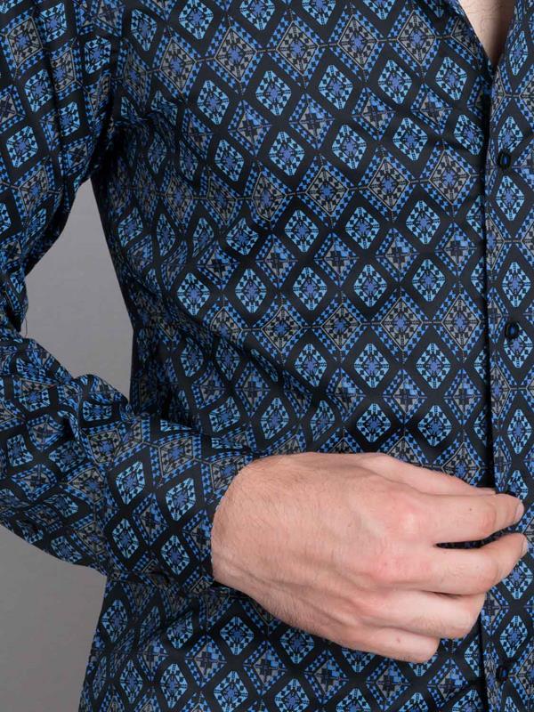Istanbul Blue Printed Full Sleeve Single Cuff Slim Fit Party Wear Blended Shirt