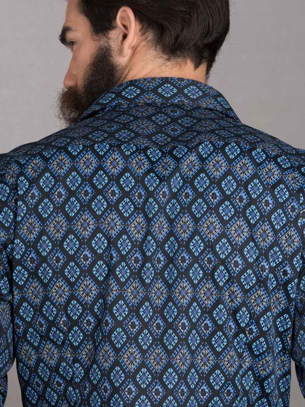 Istanbul Blue Printed Full Sleeve Single Cuff Slim Fit Party Wear Blended Shirt