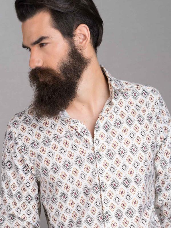 Istanbul Ecru Printed Full Sleeve Single Cuff Slim Fit Party Wear Blended Shirt