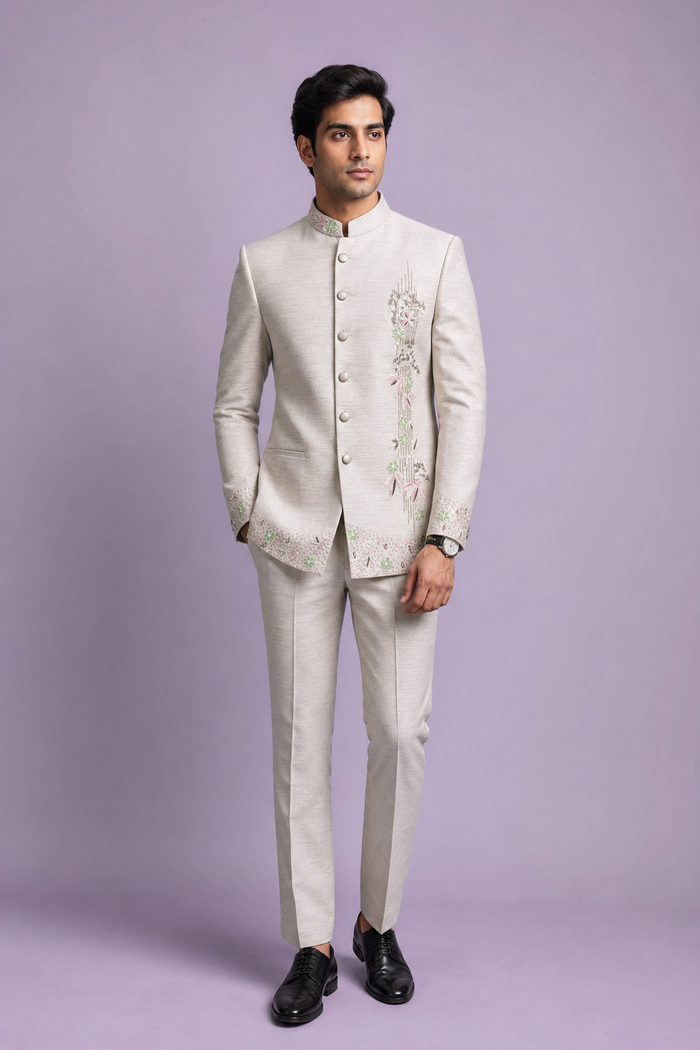 Ivory Beige Floral Embroidered Jodhpuri Suit for Men | Mahavir NX