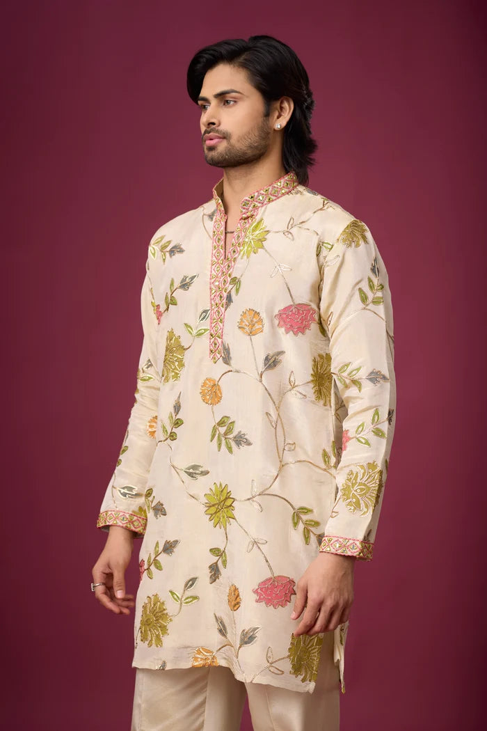 All-Over Botanical Floral Ivory Kurta – Festive Ethnic Wear | Mahavir NX