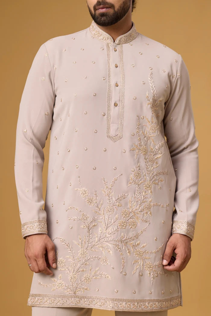 Designer Ivory Tonal Kurta Set for Men – Side View | Mahavir NX
