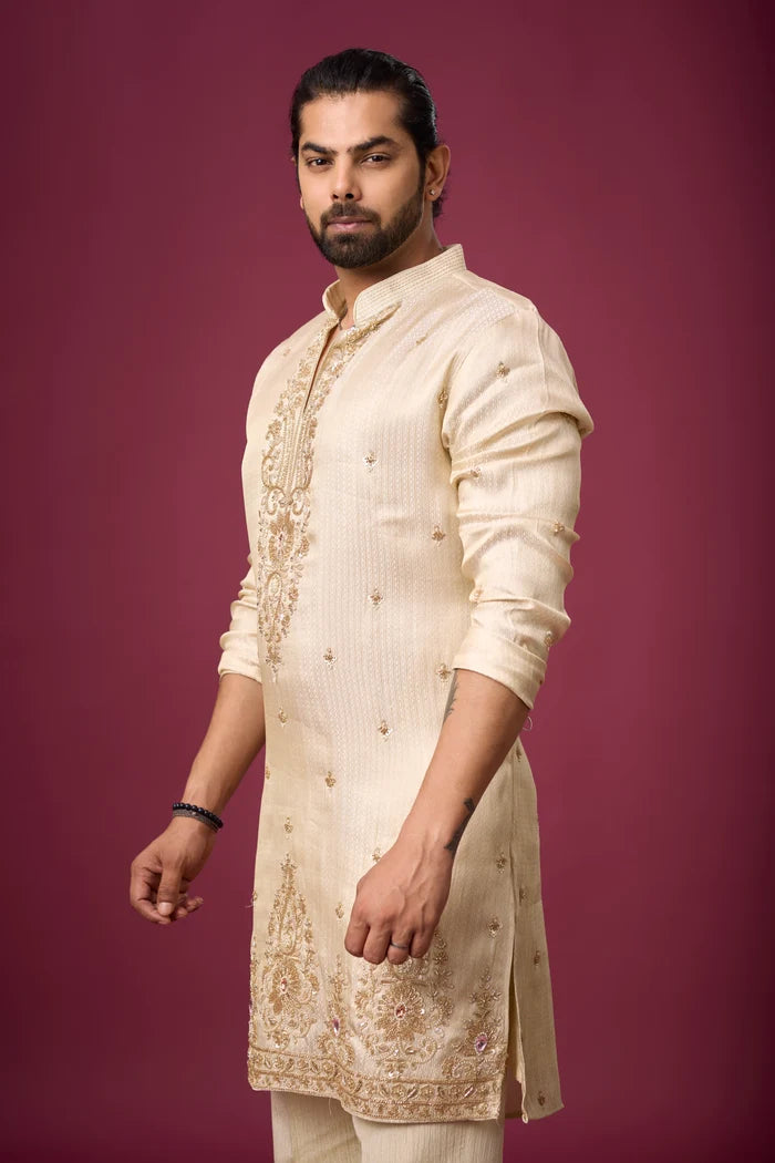 Designer Kurta Set for Men Online – Ivory Regal Ornate Ethnic Wear | Mahavir NX
