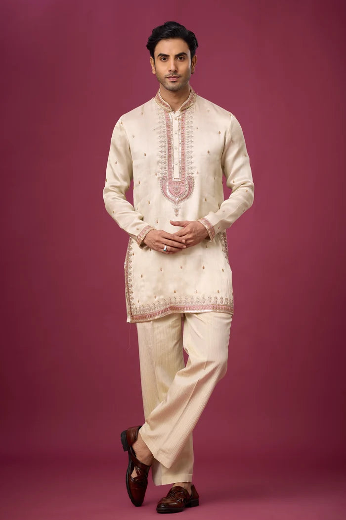 Ivory Rosé Heritage Embroidered Kurta Set for Men | Mahavir NX