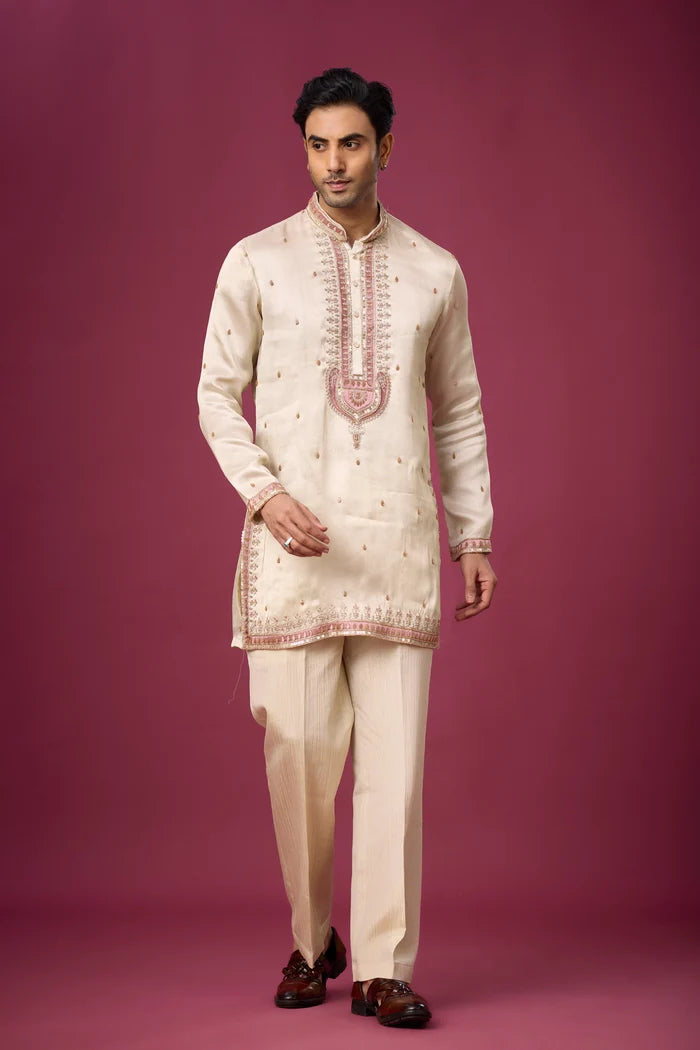 Ethnic Wear for Men Online – Ivory Rosé Heritage Embroidered Set | Mahavir NX