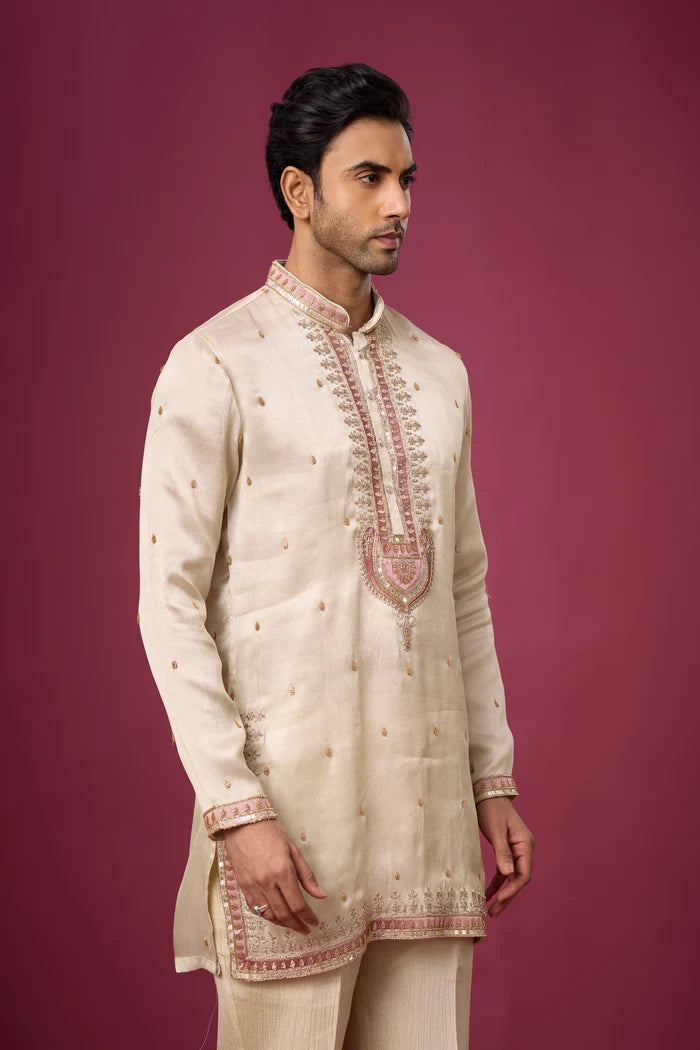 Pink Metallic Placket Ivory Kurta Set – Wedding Ethnic Wear | Mahavir NX