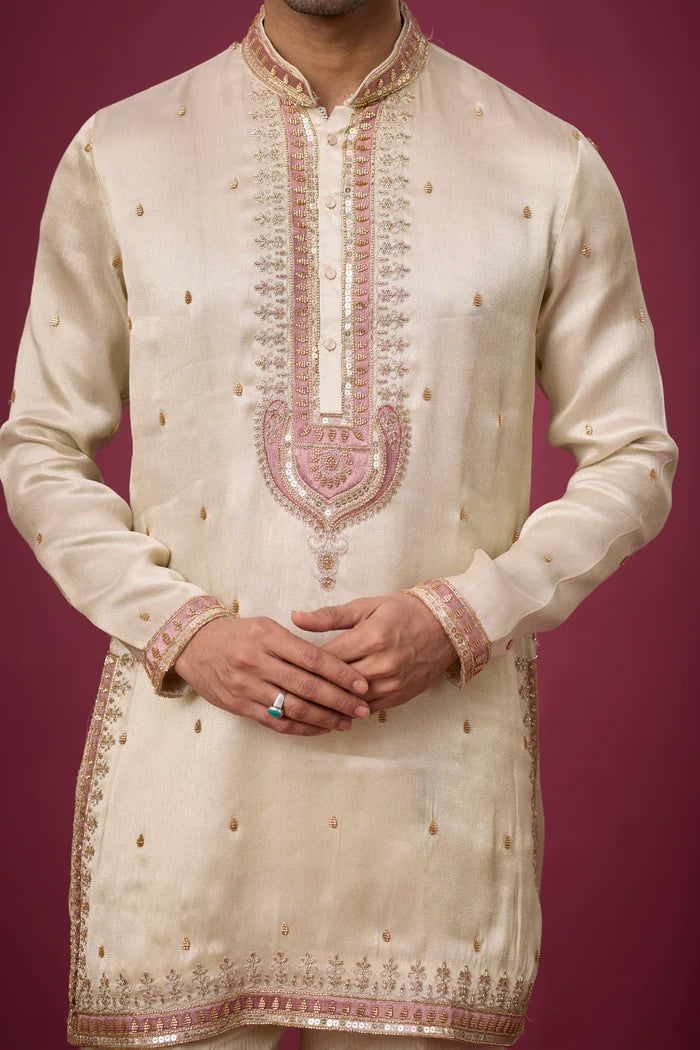 Ivory Rosé Embroidered Kurta Pajama Set – Front View | Mahavir NX