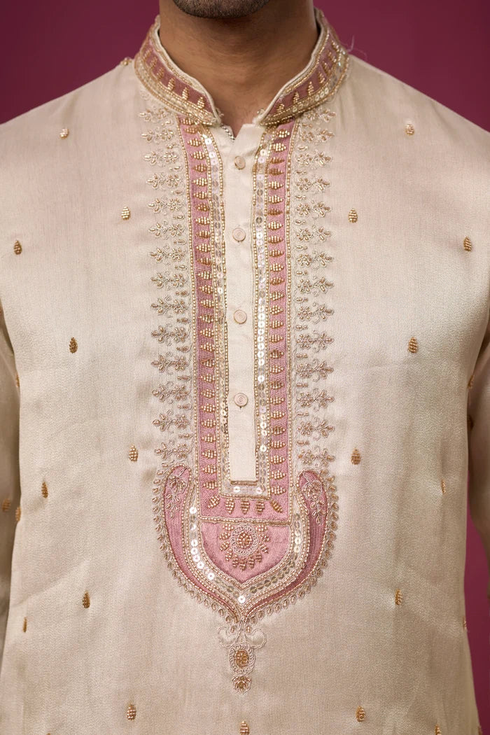 Ornamental Border Ivory Ethnic Kurta – Side View | Mahavir NX