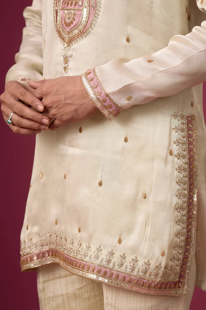 Ivory Rose Heritage Embroidered Kurta Set for Men – Full Length View | Mahavir NX