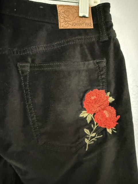 Johnny Was Black Velvet Embroidered Rose Skinny Jeans 27