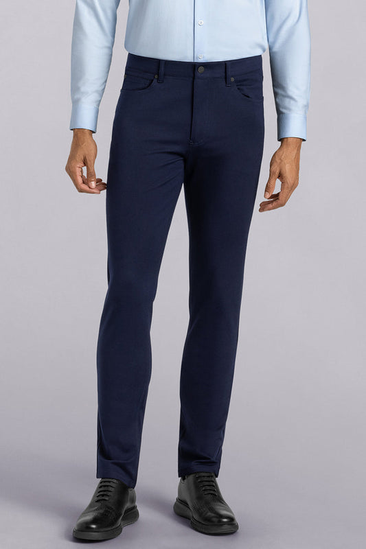 Model wearing Kinetic Navy dress slacks pants, styled with comfortable country air shirt