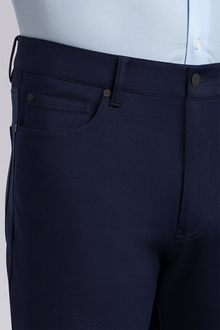 Model wearing Kinetic Navy dress slacks pants, styled with comfortable country air shirt