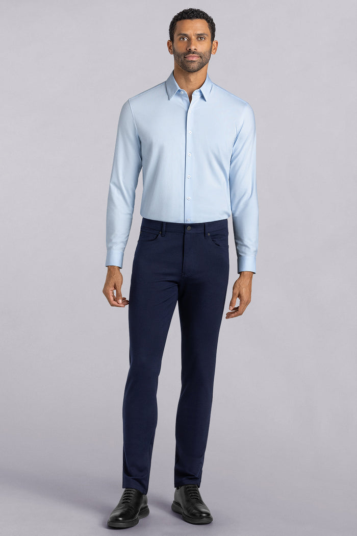 Model wearing Kinetic Navy dress slacks pants, styled with comfortable country air shirt