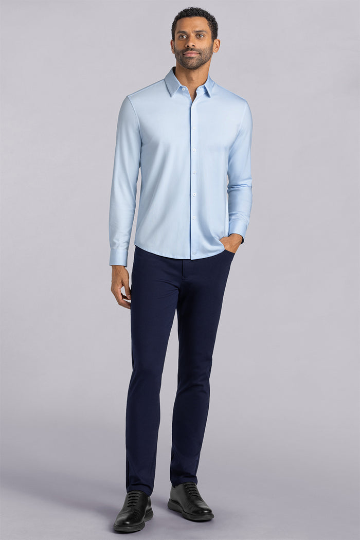 Model wearing Kinetic Navy dress slacks pants, styled with comfortable country air shirt