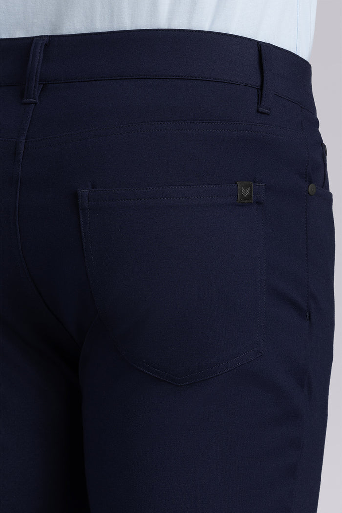 Model wearing Kinetic Navy dress slacks pants, styled with comfortable country air shirt