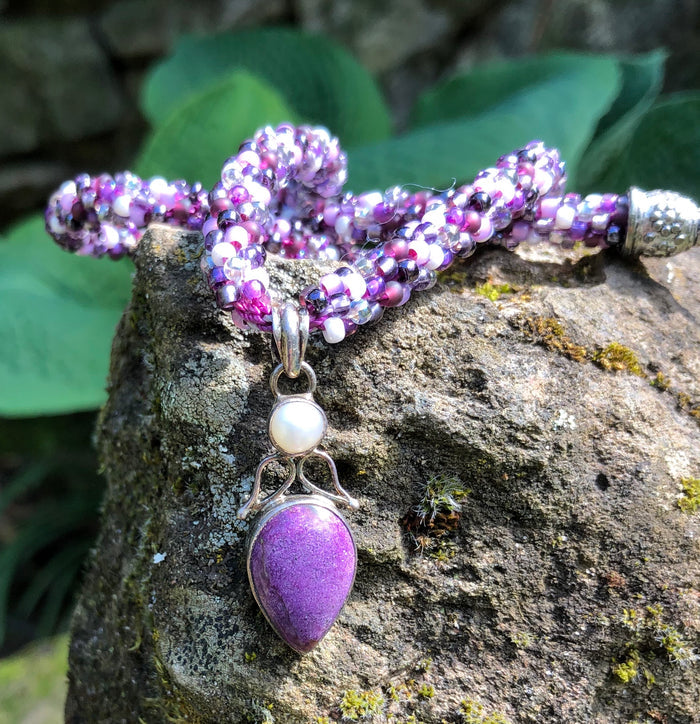 Kumihimo Necklace - Purpurite and Pearl