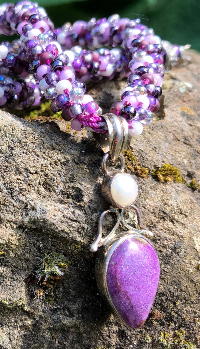 Kumihimo Necklace - Purpurite and Pearl