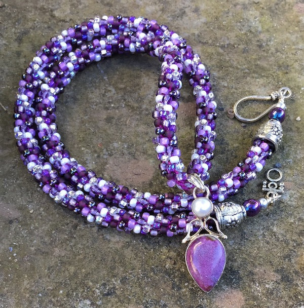 Kumihimo Necklace - Purpurite and Pearl