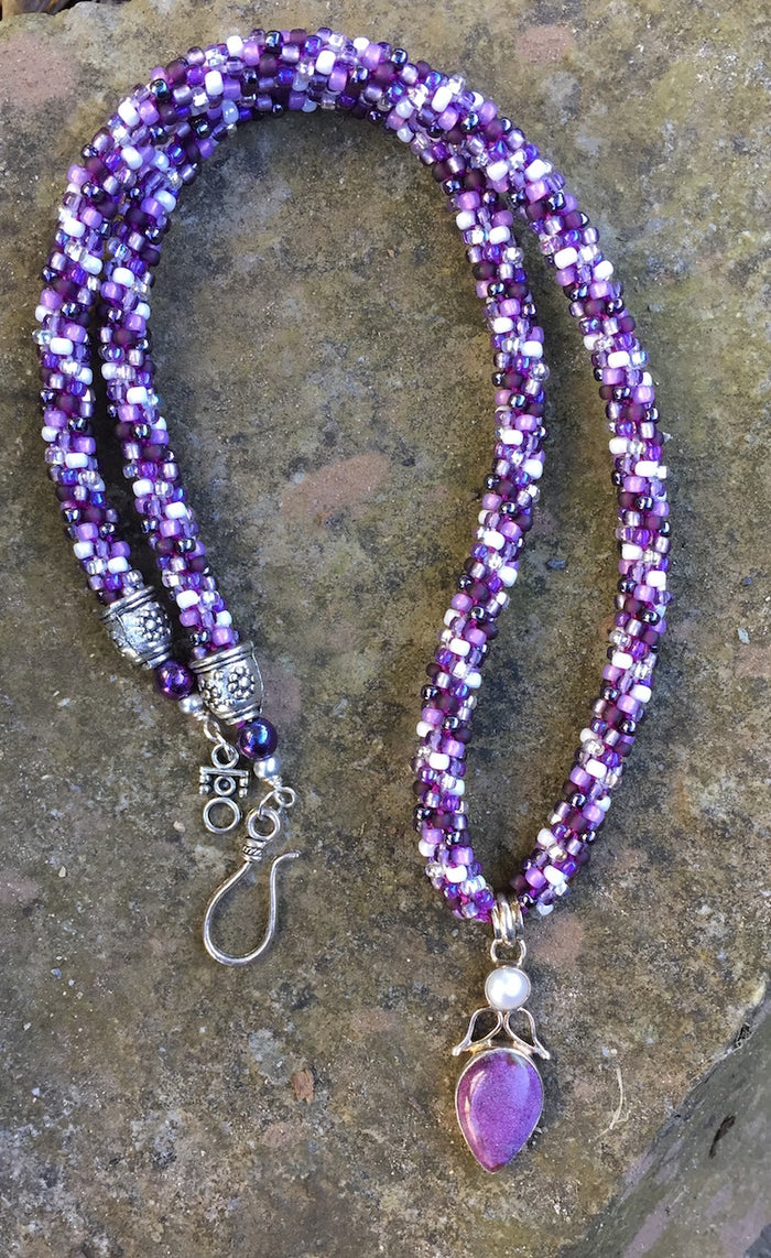 Kumihimo Necklace - Purpurite and Pearl