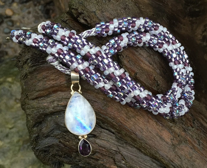 Kumihimo Necklace - White Quartz and Amethyst