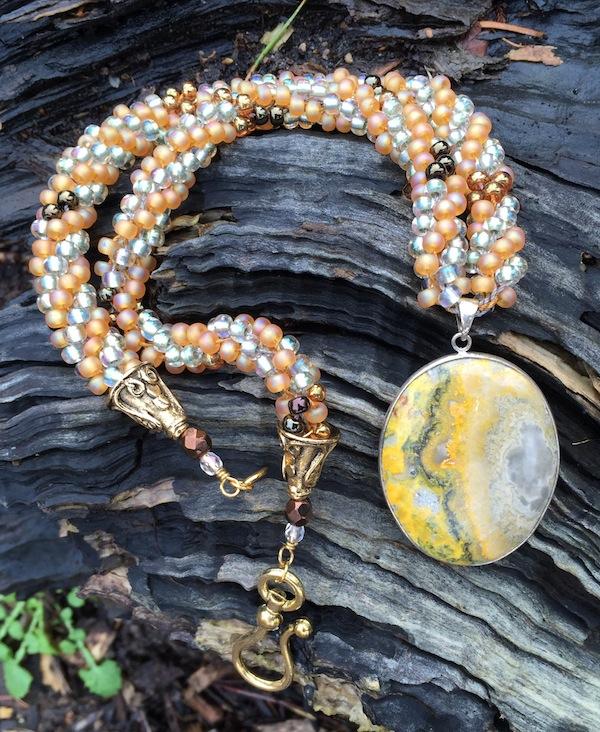 Kumihimo Necklace - Yellow Pale Green Jasper Pendant