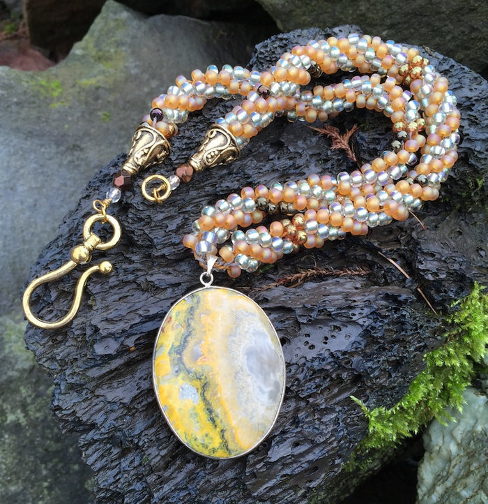 Kumihimo Necklace - Yellow Pale Green Jasper Pendant