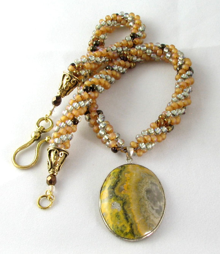 Kumihimo Necklace - Yellow Pale Green Jasper Pendant