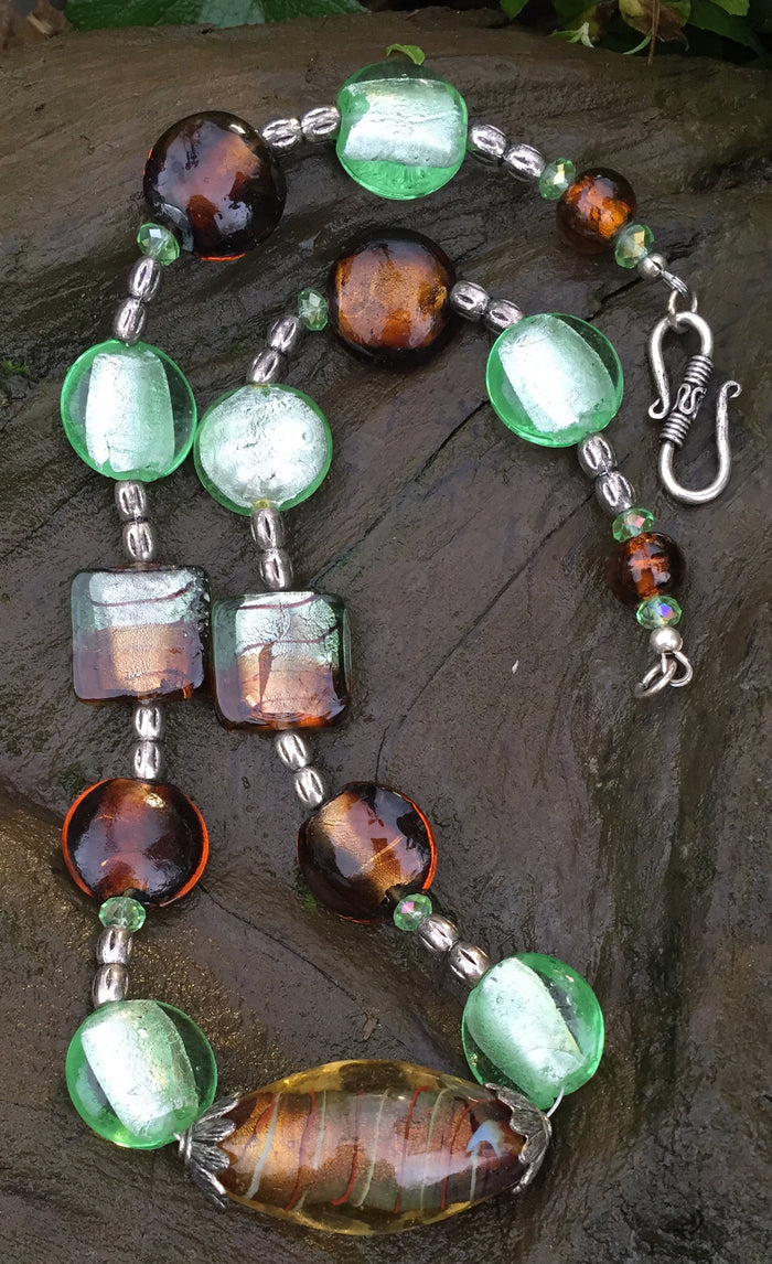 Lampwork Glass Necklace - Amber and Green