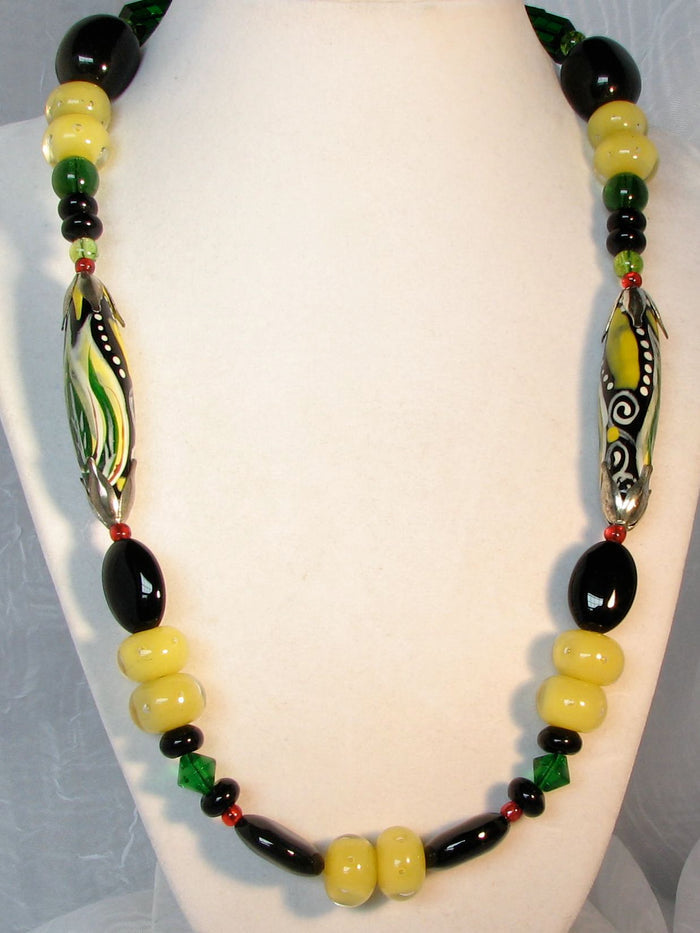 Lampwork Glass Necklace - Black Green and Buttery Yellow