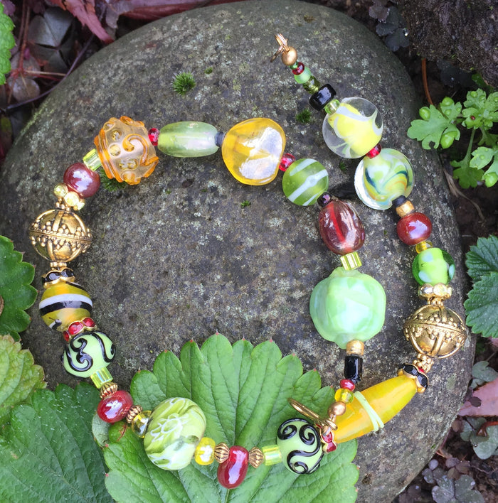 Lampwork Glass Necklace - Cranberry, Spring Green and Yellow