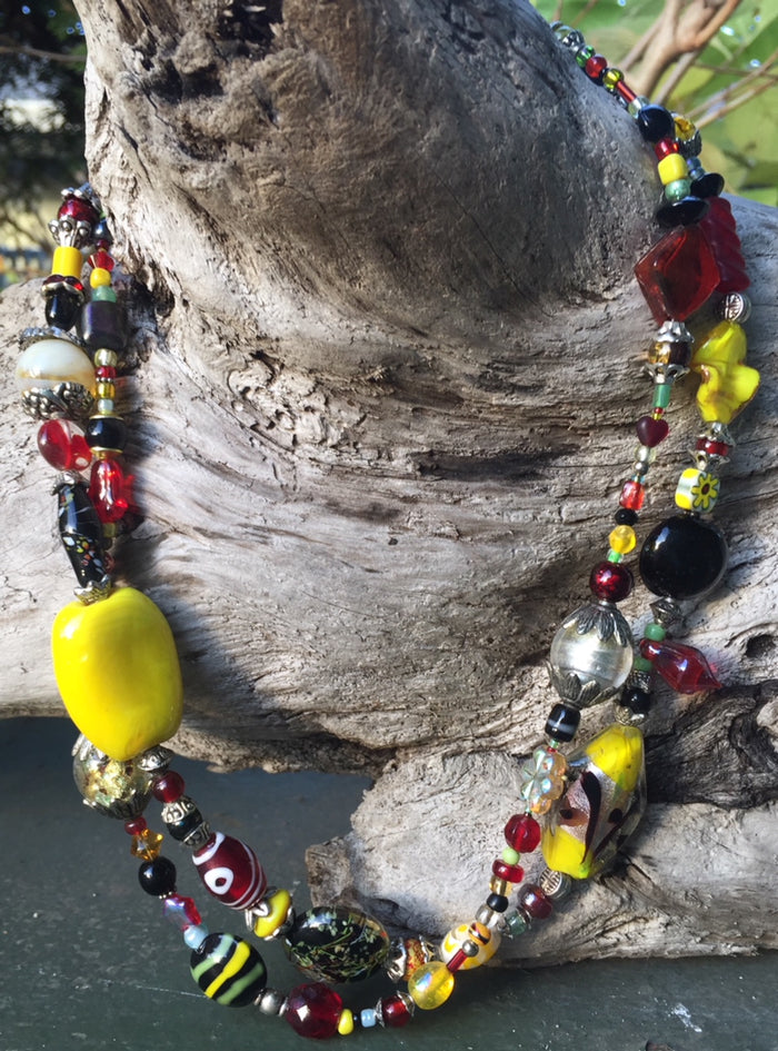 Lampwork Glass Necklace - Double Strand Black Red & Yellow