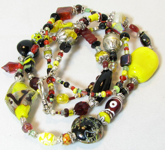 Lampwork Glass Necklace - Double Strand Black Red & Yellow
